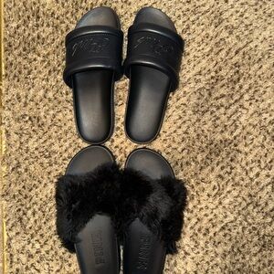 PINK Victoria's Secret Black Fur Slide Sandals